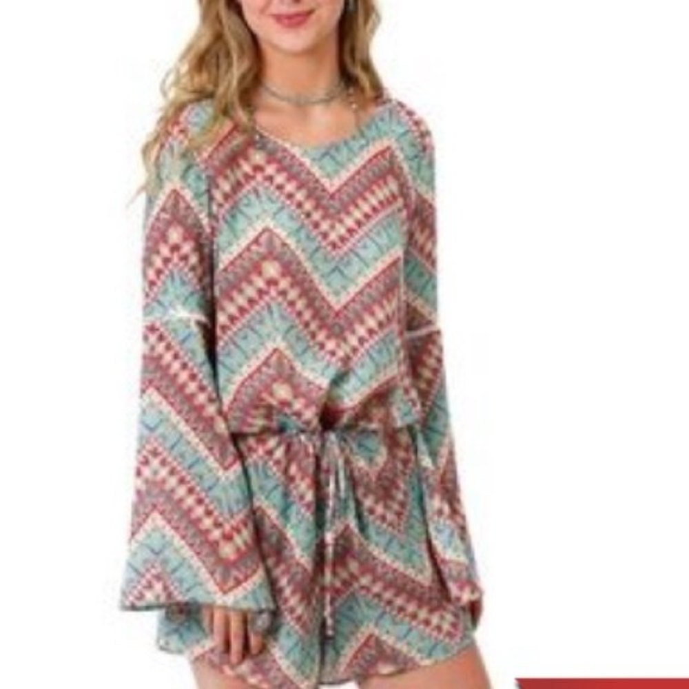 Roper western geometric print bell sleeve romper M NEW